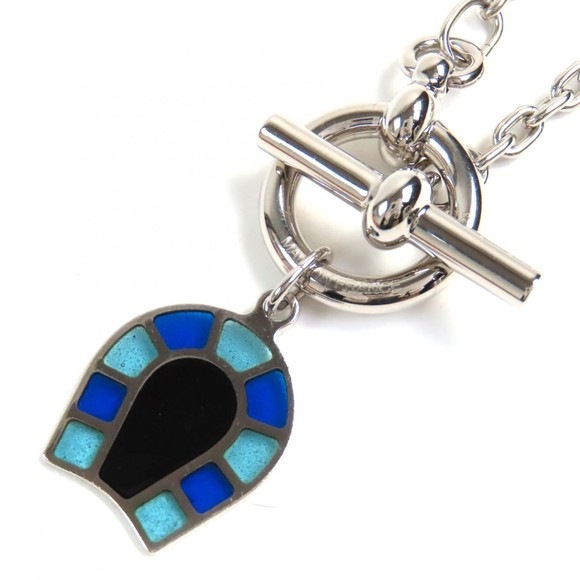HERMES Helios Fair à Cheval Camaieu de Bleu Horseshoe Pendant Necklace Curre...